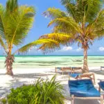 Beach lounge chairs under palm tree leaves at the shore of Indian ocean.