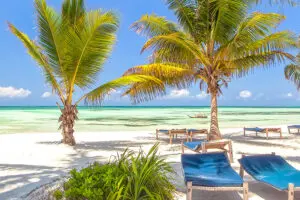 Beach lounge chairs under palm tree leaves at the shore of Indian ocean. 