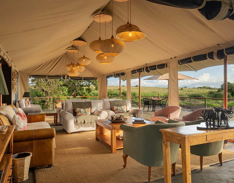 Relax in the lounge at Rekero Camp. 