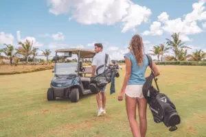 Tee off at the golf course.