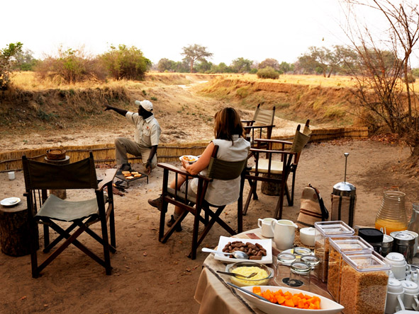 A hearty breakfast with fresh coffee is your well-deserved reward after a morning walking safari.