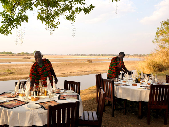 Tafika Camp serves meals in a variety of locations; overlooking the Luangwa River is usually the favourite.