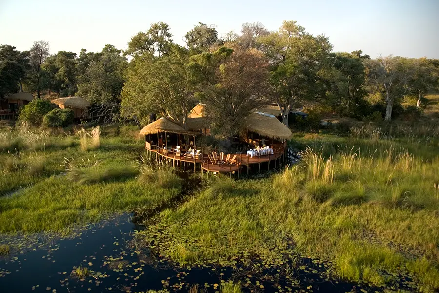 Una estructura de madera emerge al abrigo de los árboles y se asienta entre la exuberante hierba que se adentra en los cursos de agua del delta del Okavango | Go2Africa