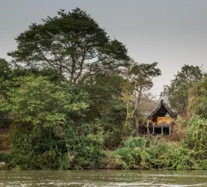 Sand Rivers Selous chalet con vistas al río.
