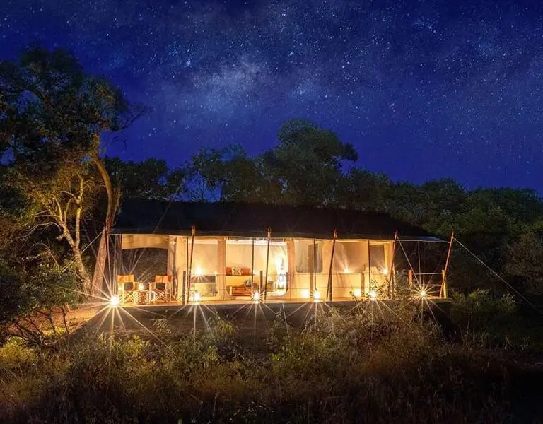 Tienda doble Saruni Wild bajo las estrellas. 