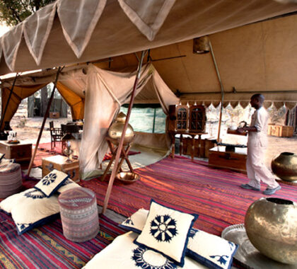 Relax on the comfortable cushions in the main tent as you imagine yourself in the bygone era of a traditonal camp.