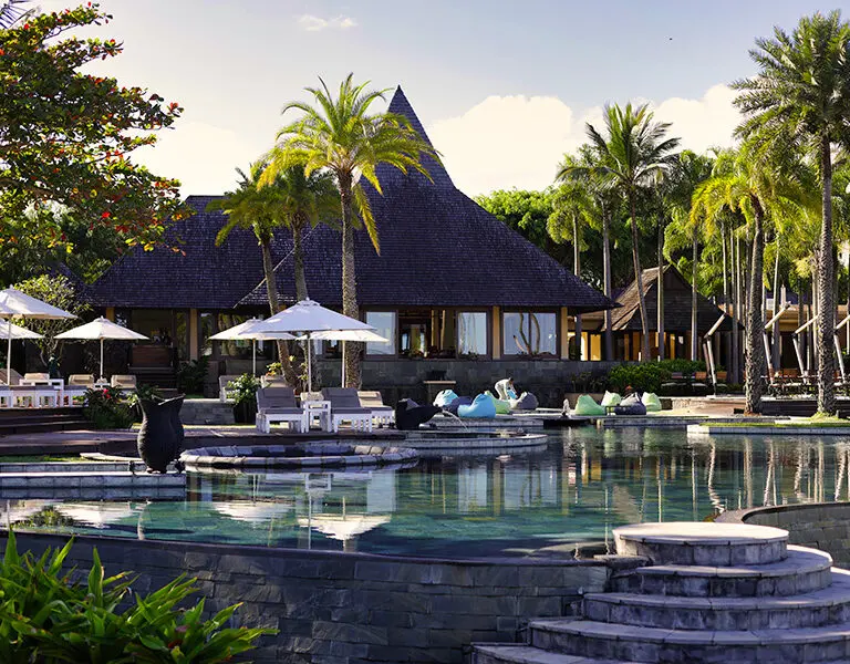 The main swimming pool, with comfortable loungers. 