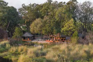 Aerial view of Shinde Footsteps Camp in the Okavango Delta. 