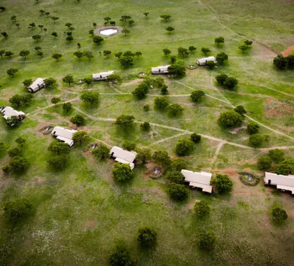 Vista aérea del Singita Sabora Tented Camp.