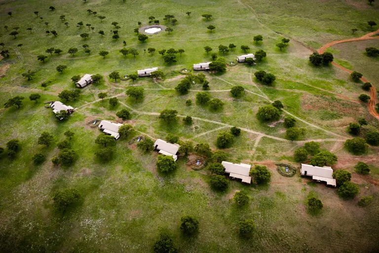Aerial view of Singita Sabora Tented Camp.