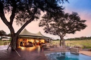 Relaxation deck that overlooks a busy waterhole. 