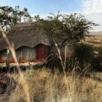 The lodge is situated on a hillside overlooking the Serengeti National Park.