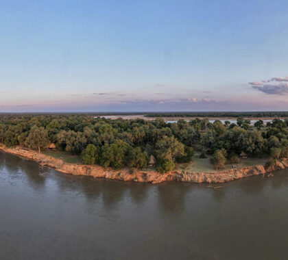 Aerial view of Tafika Camp's location along the Luangwa River.