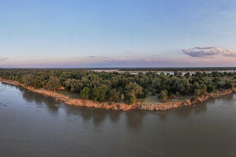 Aerial view of Tafika Camp's location along the Luangwa River.