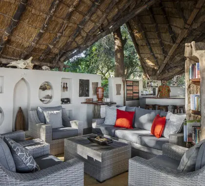 El salón de la cabaña: un lugar perfecto para relajarse, con un bar bien surtido cerca.