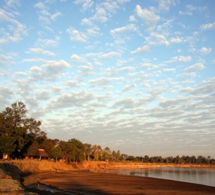 The camp is set in a grove of trees and bushes overlooking a busy waterhole.