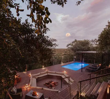 The lower deck has a cosy firepit and a plunge pool. 