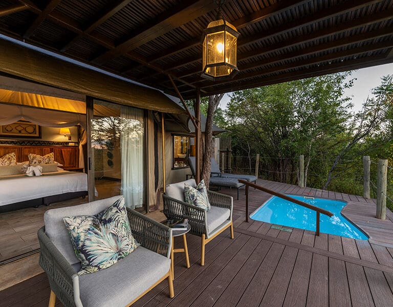 The tented suites have a private deck with a plunge pool and seating.