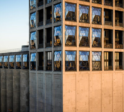 The Silo Hotel's exterior at golden hour