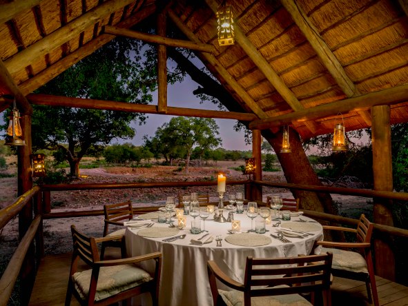 The dry riverbed provides for a perfect private dining experience, as you'll see animals walking past on their way to the watering hole.
