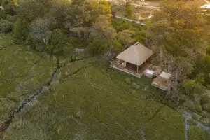 Vumbura Plains aerial view of a tented suite, in the Okavango Delta, bordering the Moremi Game Reserve.
