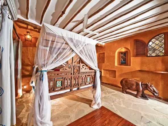 Air-conditioned interiors blend simple luxury with an organic, ethnic feel.