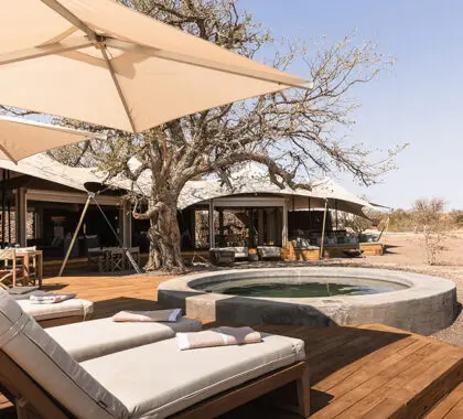The swimming pool and cushioned loungers look out over the desert landscape. 