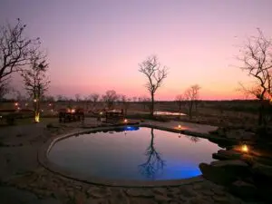 The lodge's pool at sunset with the waterhole beyond - pull up a chair & see what comes down to drink.
