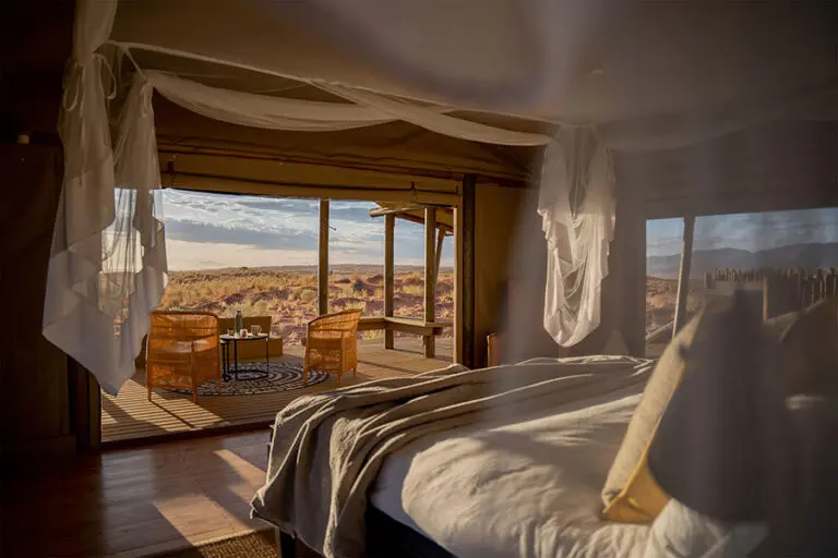 Room interior and view at Wolwedans Dunes Lodge.