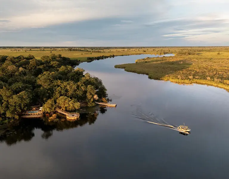 Xugana Island Lodge, set on a permanent water channel in the Okavango Delta. 