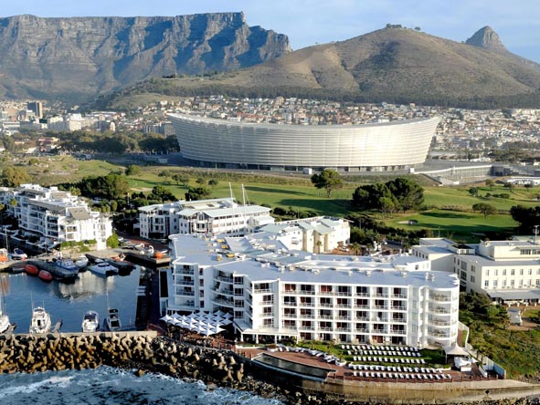 Cape Town has many beach-front hotels, a number of which enjoy the spectacular backdrop of Table Mountain and the Cape Town Stadium.
