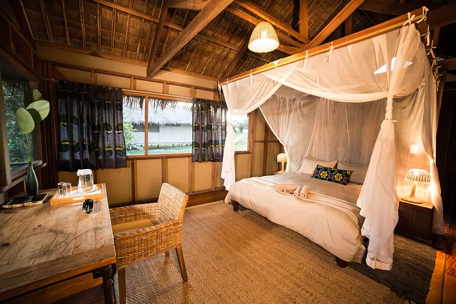 Mboko Camp is located in a grassy clearing within the dense forests of the Congo Basin.