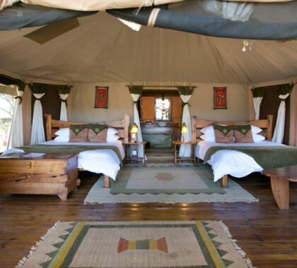 Tents are decorated in a rustic African fashion.