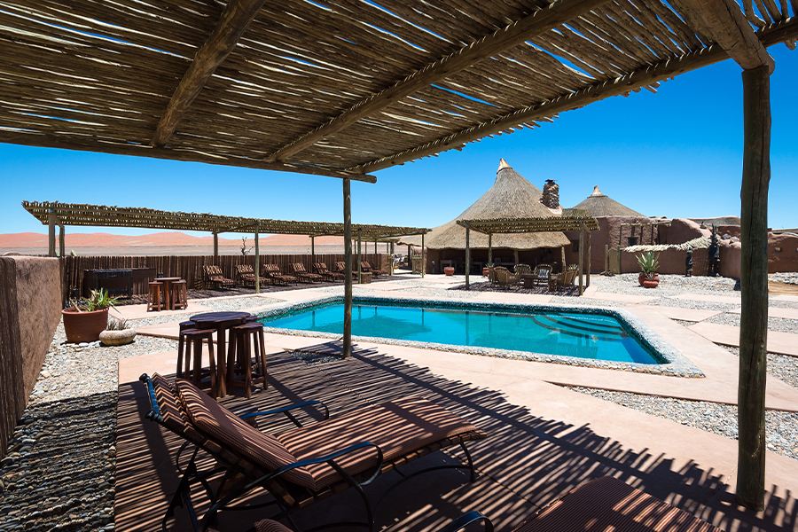 The swimming pool area at Kulala desert lodge