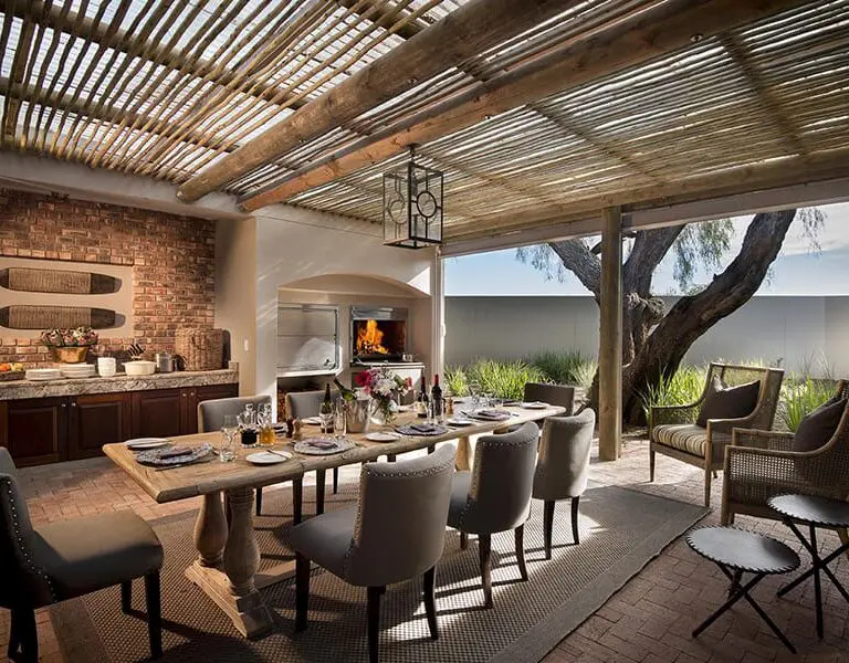 The covered outdoor dining area works perfectly for leisurely lunch times while the indoor dining room is better for cooler evenings.