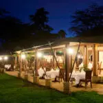 Artfully illuminated at night, the grand dining tent makes a fitting end to a day on safari.

