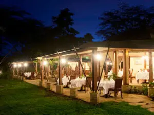 Artfully illuminated at night, the grand dining tent makes a fitting end to a day on safari.

