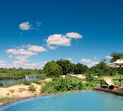 Lounge at Lion Sands' pool and soak up the views of the Sabie River - an ideal African afternoon activity.