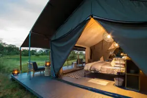 The deck of the luxury tent at Gomoti Plains Camp.
