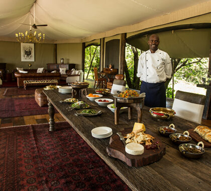 Exceptional cuisine is served at Mara Plains and are enjoyed around a grand wooden table in the canvas dining room or on the outdoor deck overlooking the river.