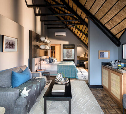 Interior of the family cottage at Phinda Mountain Lodge.