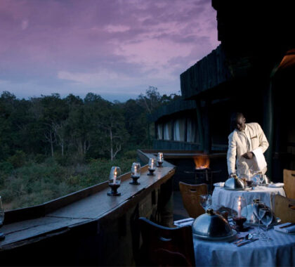 Romantic dinners overlooking the waterhole are the perfect way to end the day at Serena Mountain Lodge.