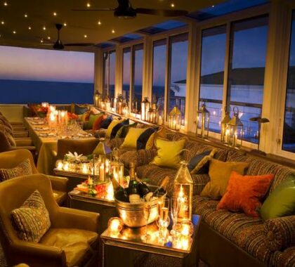 The hotel's lantern-lit bar creates the ideal ambience in which to enjoy a romantic African sunset.
