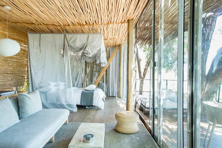Contemporary glass-walled suites.