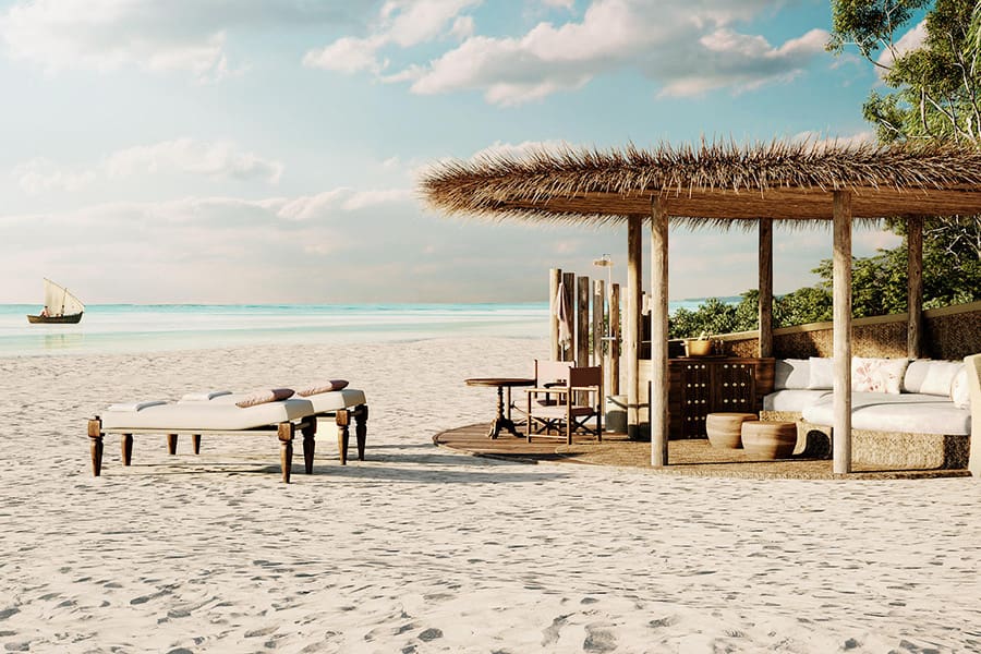 El Mnemba Island Lodge ofrece tumbonas panorámicas en playas de arena blanca con un lujoso capullo de madera y paja para pasar los días en la playa mientras flota un dhow en las tranquilas aguas azules no muy lejos de la costa.