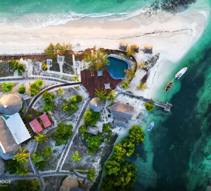 An aerial view of Coral Lodge shows you how on one side is the ocean and the other is the lagoon. A water-lovers paradise!