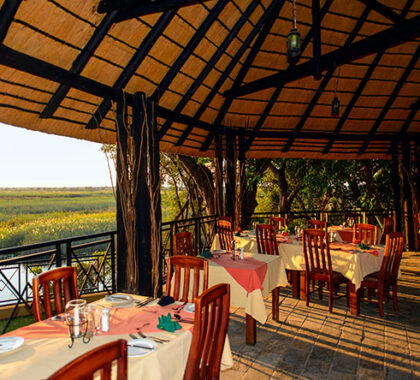 Enjoy delicious meals served at Namushasha's restaurant, while watching over the hippo pool.