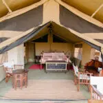 Disfrute de pequeños lujos como un escritorio, un armario y sillas de safari dentro de su tienda.