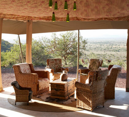 Unwind in the communal lounge tent and gaze out over the surrounding Maasai steppe.