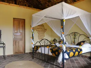 The cottages are large and light-filled, thatched in banana leaves and feature double or twin beds swathed in white netting.  